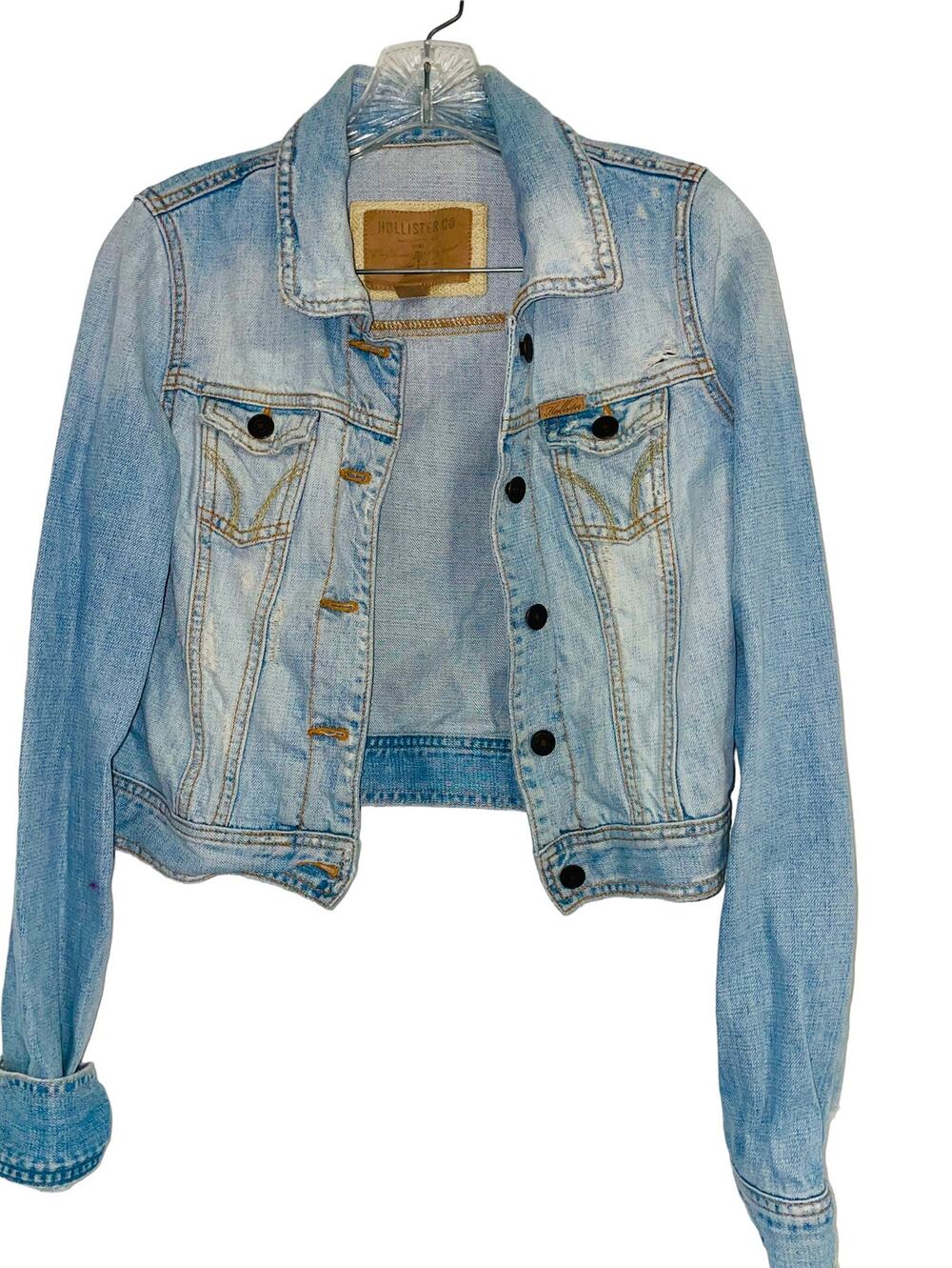 Vtg Y2K Hollister Womens Distressed Light Wash Blue Jean Jacket Sz Juniors Large